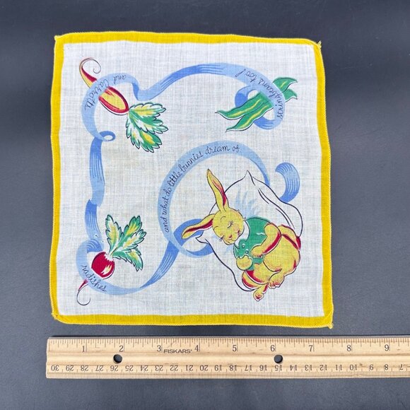Vintage Childs Handkerchief Easter Bunny Veggies Mid Century Kitschy Hankie - Picture 8 of 8